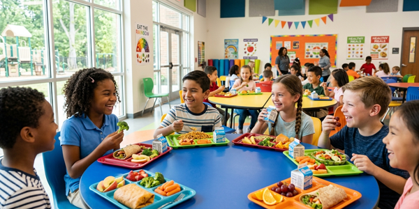 happy kids enjoying cafeteria food v2